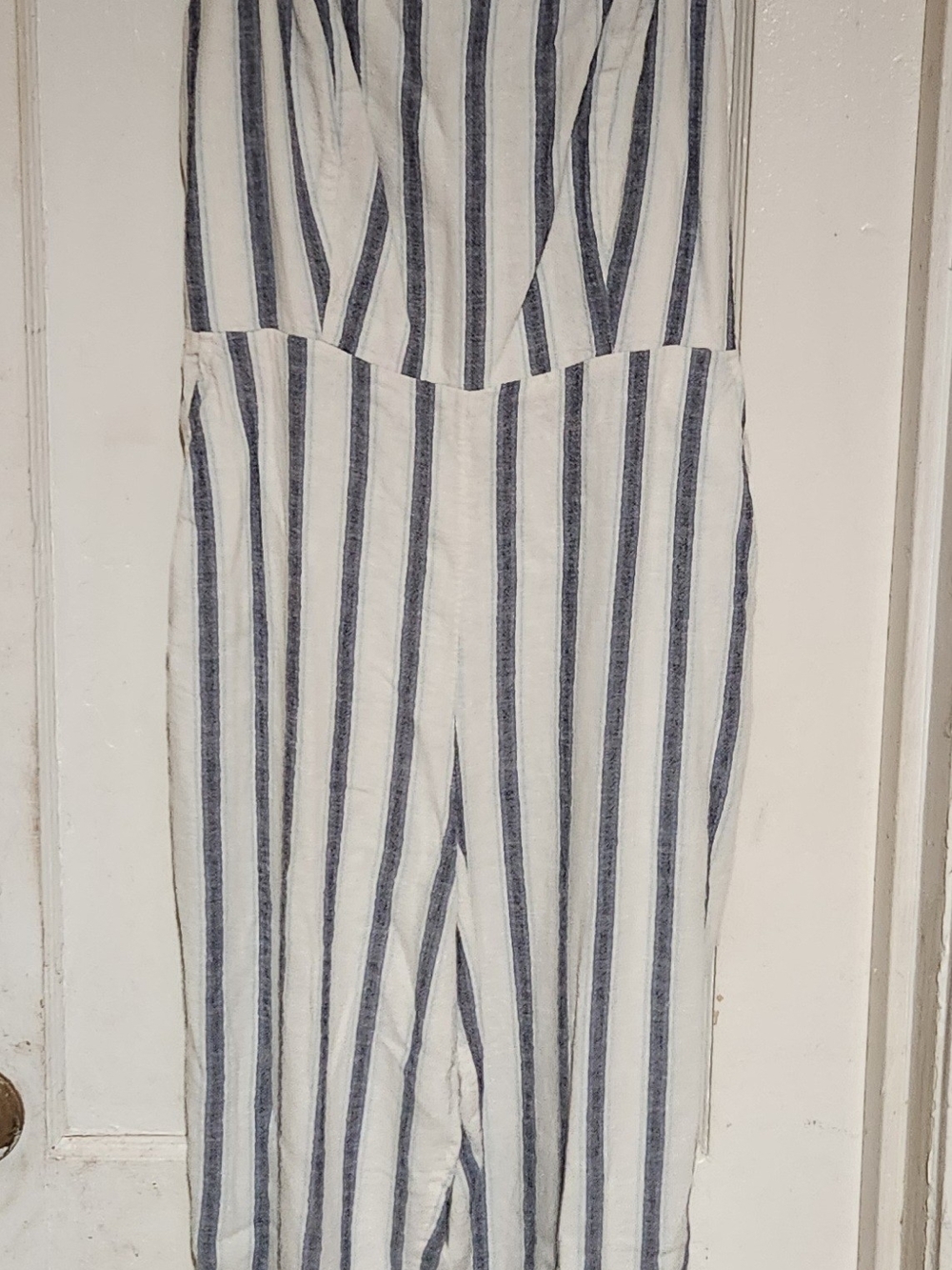 SHEIN White & Navy Vertical Striped Jumpsuit